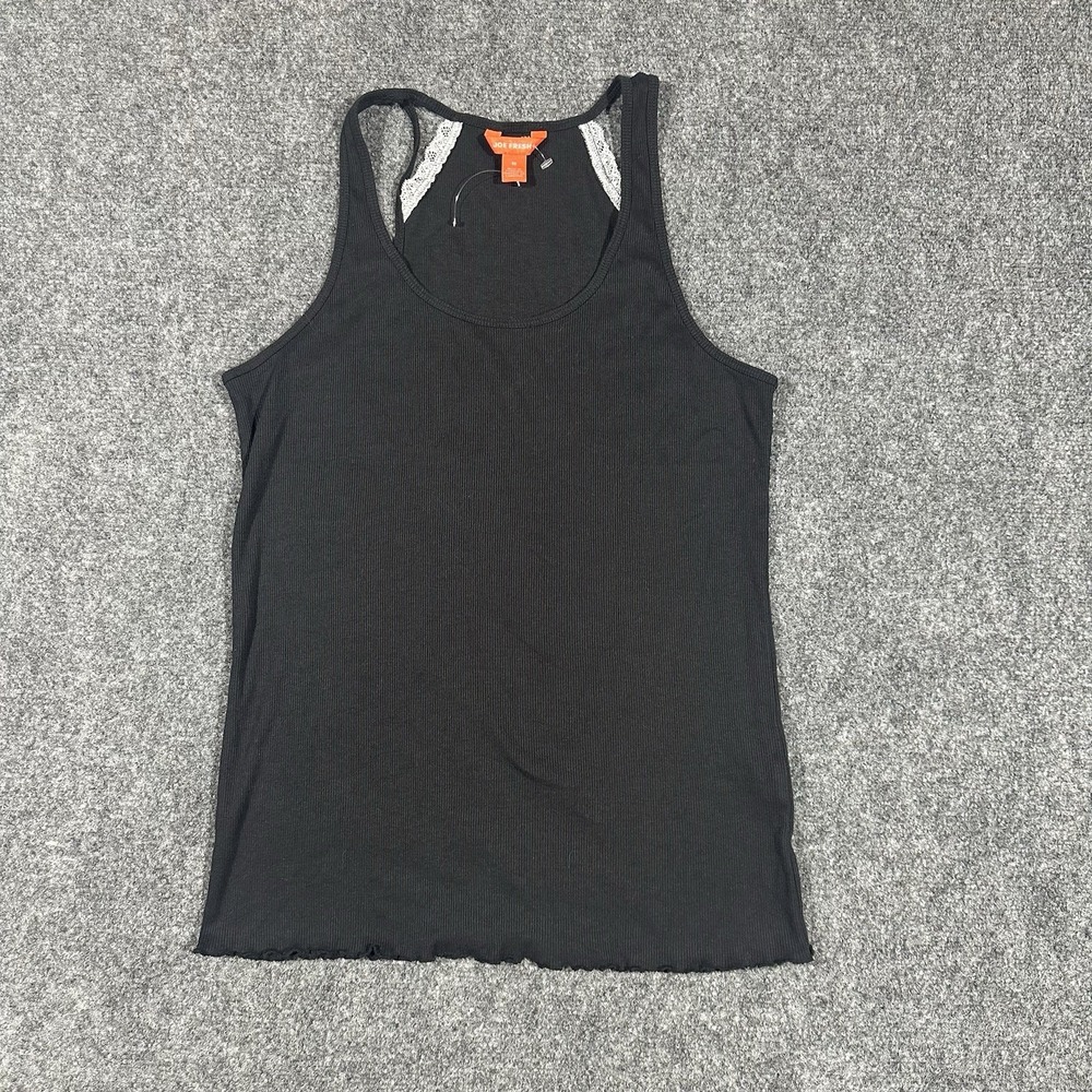 Joe Fresh Womens 1X Black Ribbed Racerback Tank Top Lace Trim Lettuce Hem Scoop